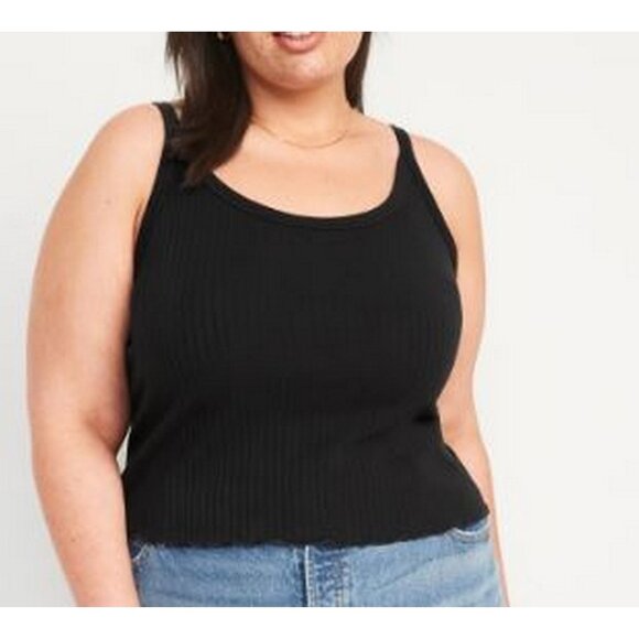 Old Navy Fitted Cropped Tank Top XXL Black Lettuce-Edge Rib-Knit - Picture 1 of 5